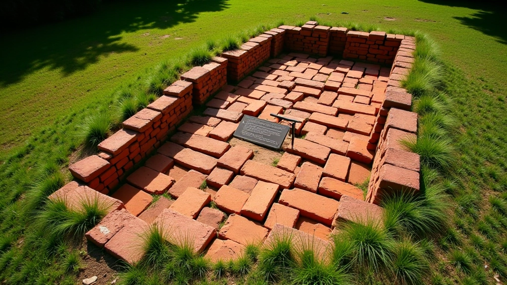 Senų plytų plytelės sudėtos piramidės formos archeologiniame žemėlapyje